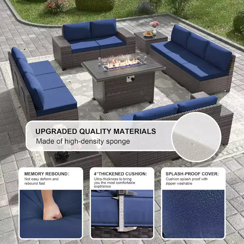 ALAULM Rattan Patio Furniture Sets 13 PCS w/Firepit table, outdoor wicker sets