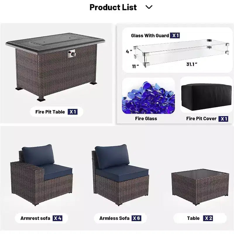 ALAULM Rattan Patio Furniture Sets 13 PCS w/Firepit table, outdoor wicker sets