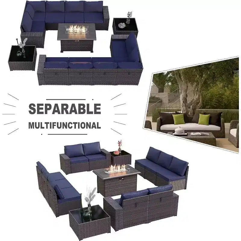 ALAULM Rattan Patio Furniture Sets 13 PCS w/Firepit table, outdoor wicker sets