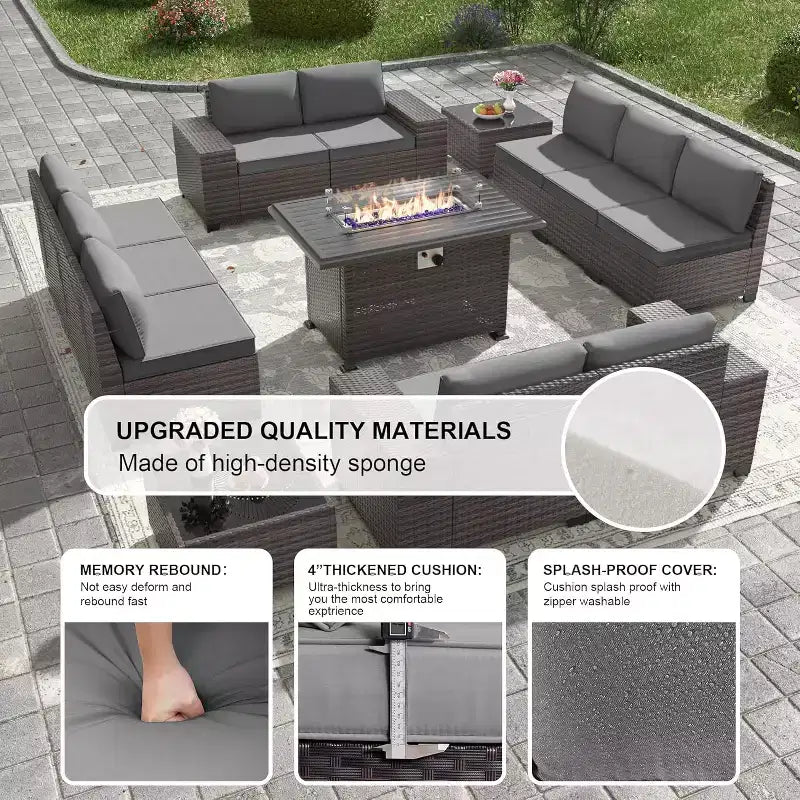 ALAULM Rattan Patio Furniture Sets 13 PCS w/Firepit table, outdoor wicker sets