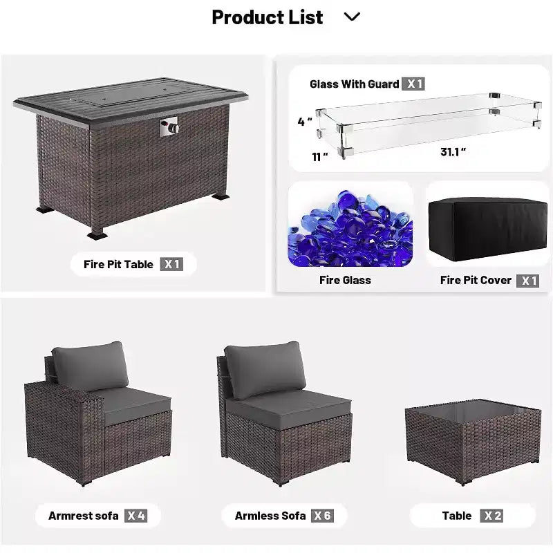 ALAULM Rattan Patio Furniture Sets 13 PCS w/Firepit table, outdoor wicker sets