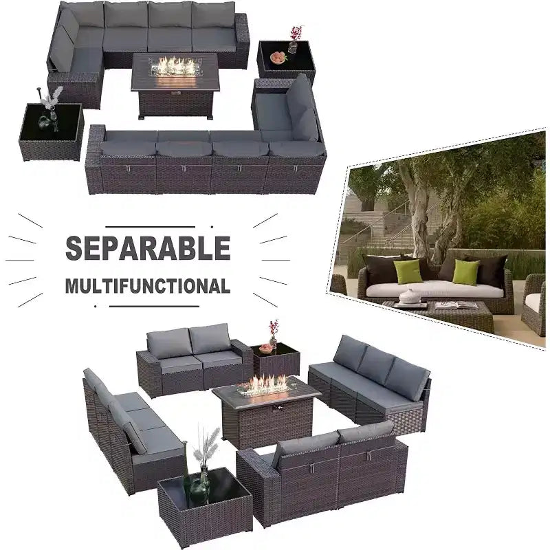 ALAULM Rattan Patio Furniture Sets 13 PCS w/Firepit table, outdoor wicker sets