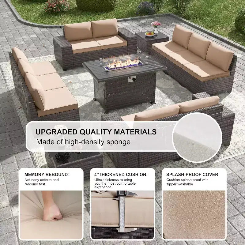 ALAULM Rattan Patio Furniture Sets 13 PCS w/Firepit table, outdoor wicker sets