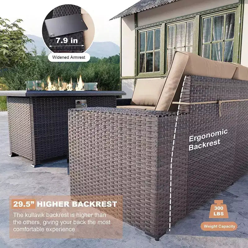 ALAULM Rattan Patio Furniture Sets 13 PCS w/Firepit table, outdoor wicker sets