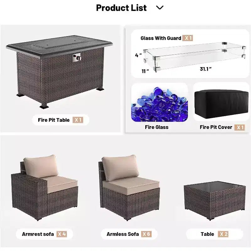ALAULM Rattan Patio Furniture Sets 13 PCS w/Firepit table, outdoor wicker sets