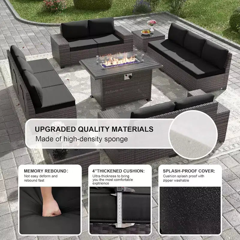 ALAULM Rattan Patio Furniture Sets 13 PCS w/Firepit table, outdoor wicker sets