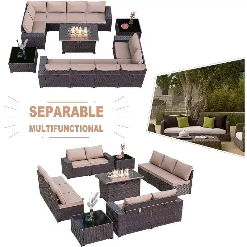 ALAULM Rattan Patio Furniture Sets 13 PCS w/Firepit table, outdoor wicker sets