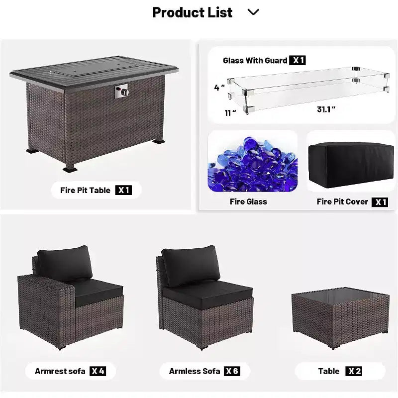 ALAULM Rattan Patio Furniture Sets 13 PCS w/Firepit table, outdoor wicker sets
