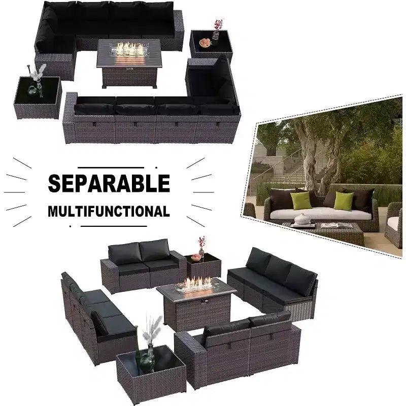 ALAULM Rattan Patio Furniture Sets 13 PCS w/Firepit table, outdoor wicker sets
