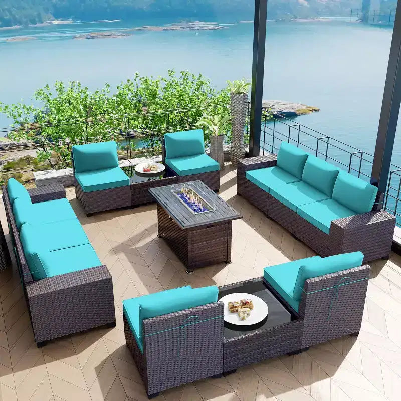 ALAULM Ensembles de meubles de patio en rotin 13 pièces avec table brasero, ensembles en osier d'extérieur