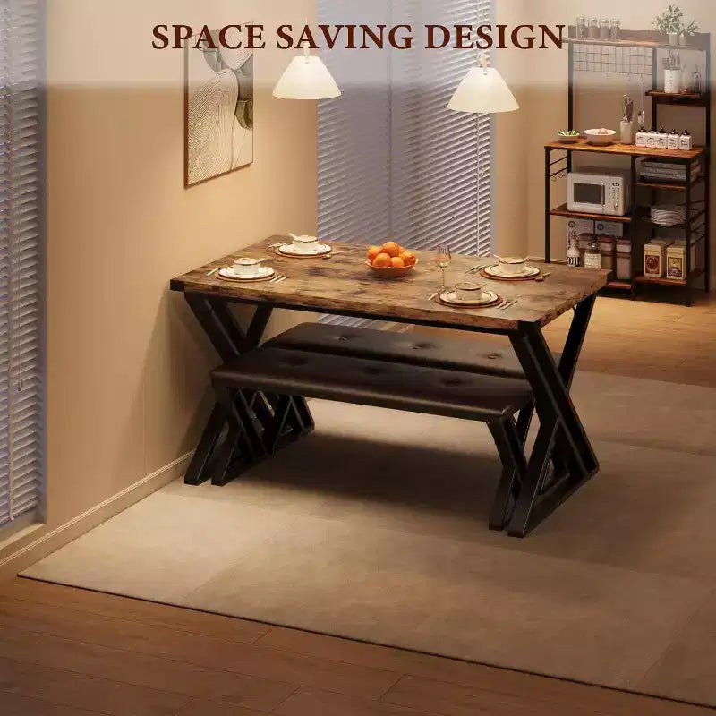 Table à manger avec 2 bancs, Ensemble table de cuisine pour 4 personnes, Ensemble table à manger 3 pièces pour petits espaces, Appartement, Gain de place pour la cuisine