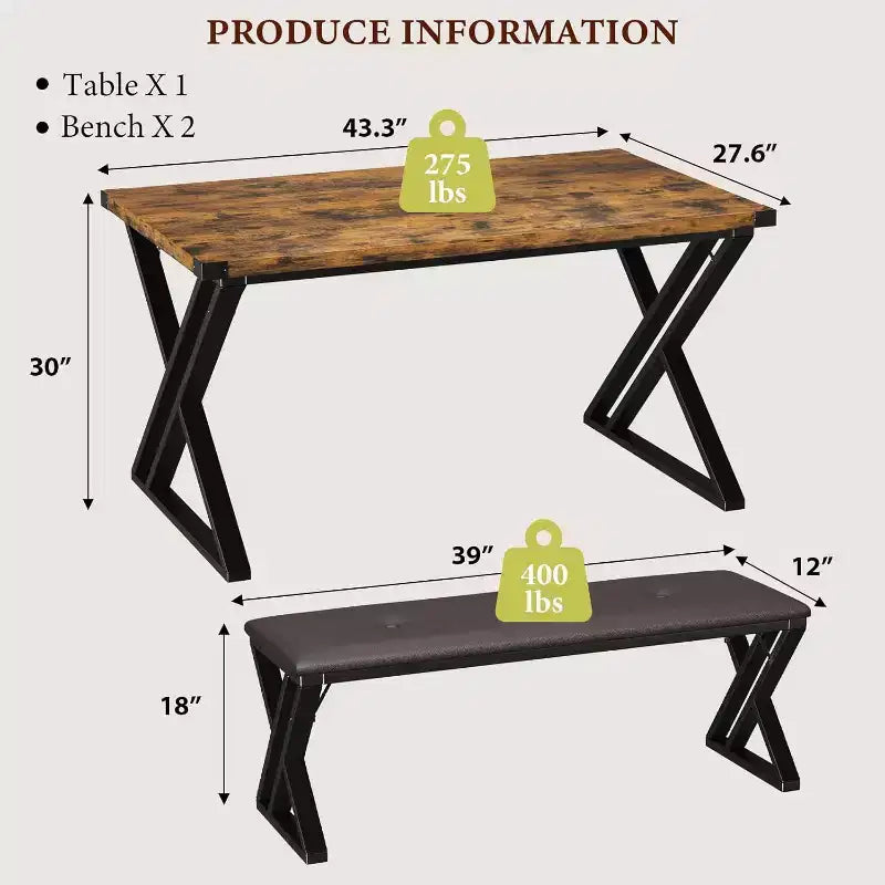 Table à manger avec 2 bancs, Ensemble table de cuisine pour 4 personnes, Ensemble table à manger 3 pièces pour petits espaces, Appartement, Gain de place pour la cuisine