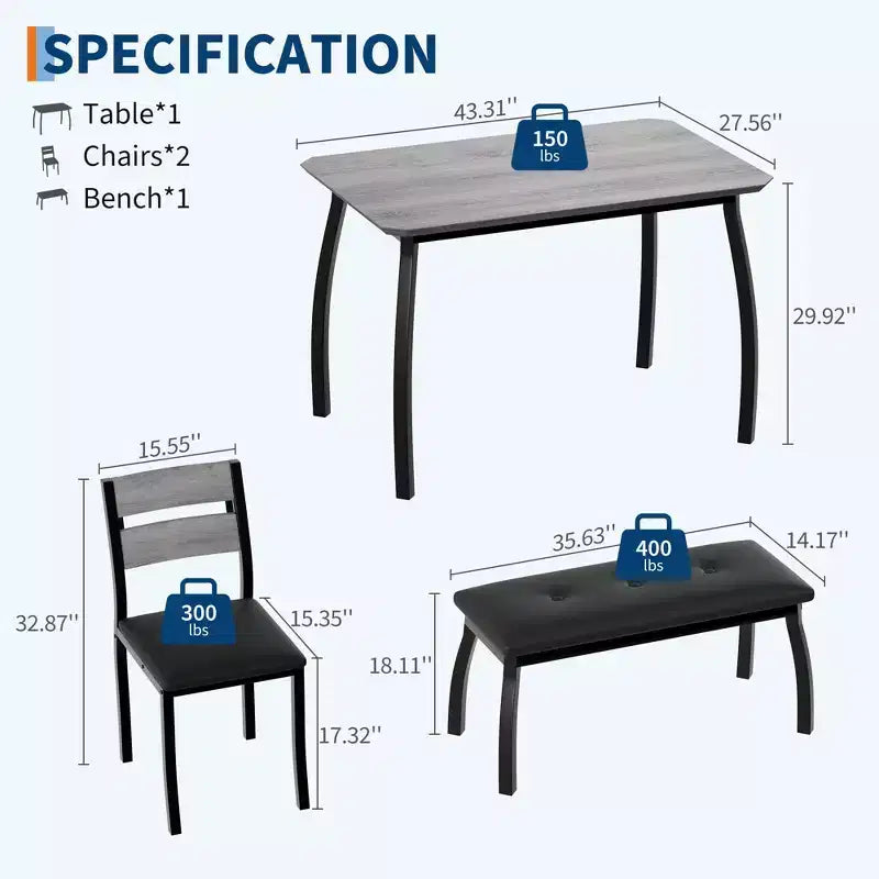 Table de salle à manger 4 pièces, avec 2 chaises et un banc rembourré en PU