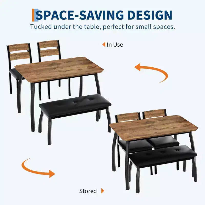 Table de salle à manger 4 pièces, avec 2 chaises et un banc rembourré en PU