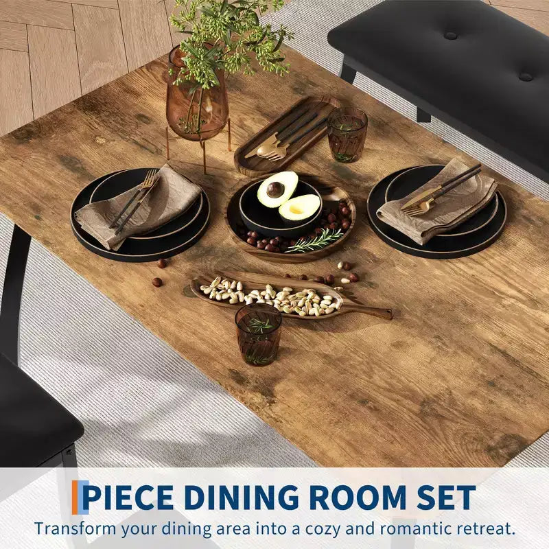 Table de salle à manger 4 pièces, avec 2 chaises et un banc rembourré en PU
