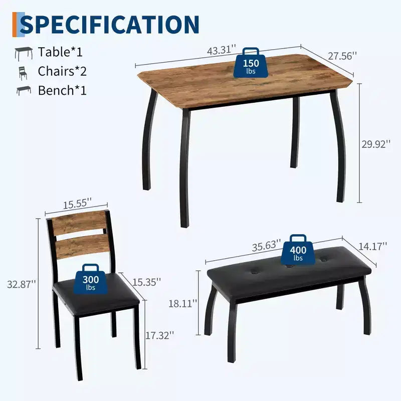 Table de salle à manger 4 pièces, avec 2 chaises et un banc rembourré en PU