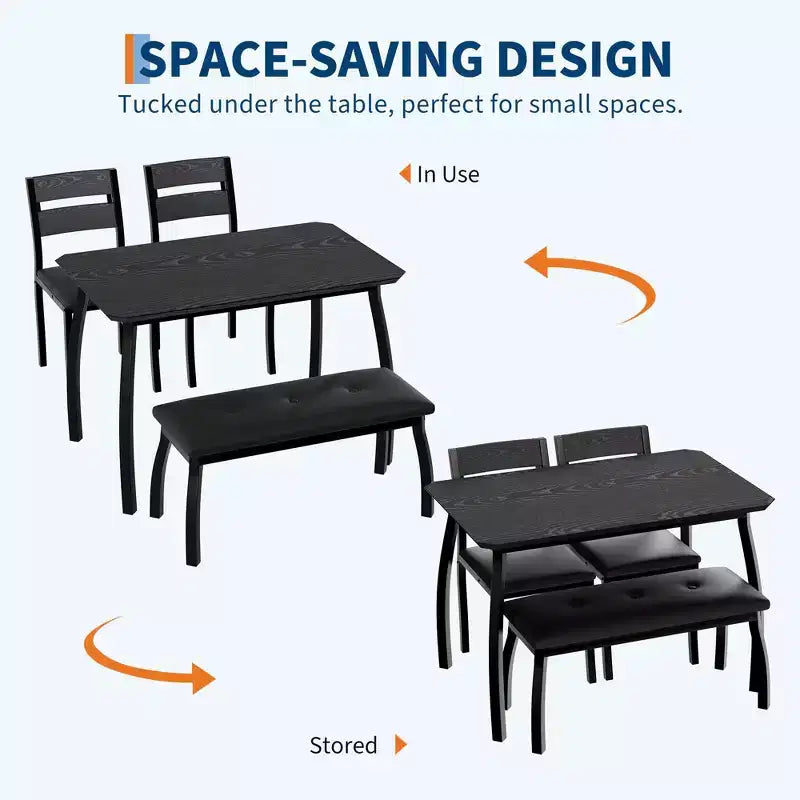 Table de salle à manger 4 pièces, avec 2 chaises et un banc rembourré en PU
