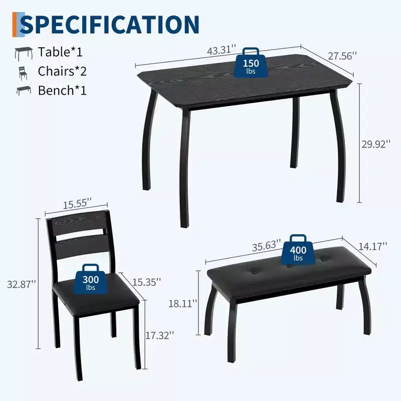 Table de salle à manger 4 pièces, avec 2 chaises et un banc rembourré en PU