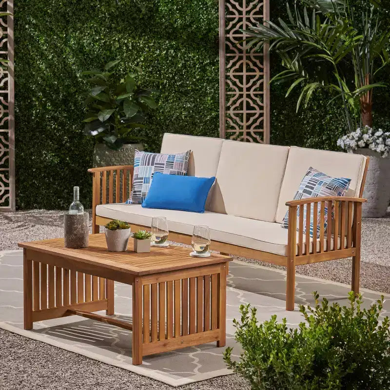 GDFStudio Navan Outdoor Acacia Wood 3 Seater Sofa and Coffee Table Set with Cushions