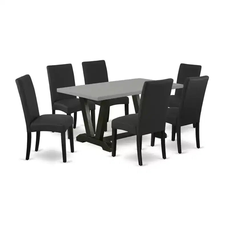 HomeStock Belmont 7-Pc Dining Room Set- 6 Dining Room Chairs and Rectangular Table Top, Cement and Black Finish