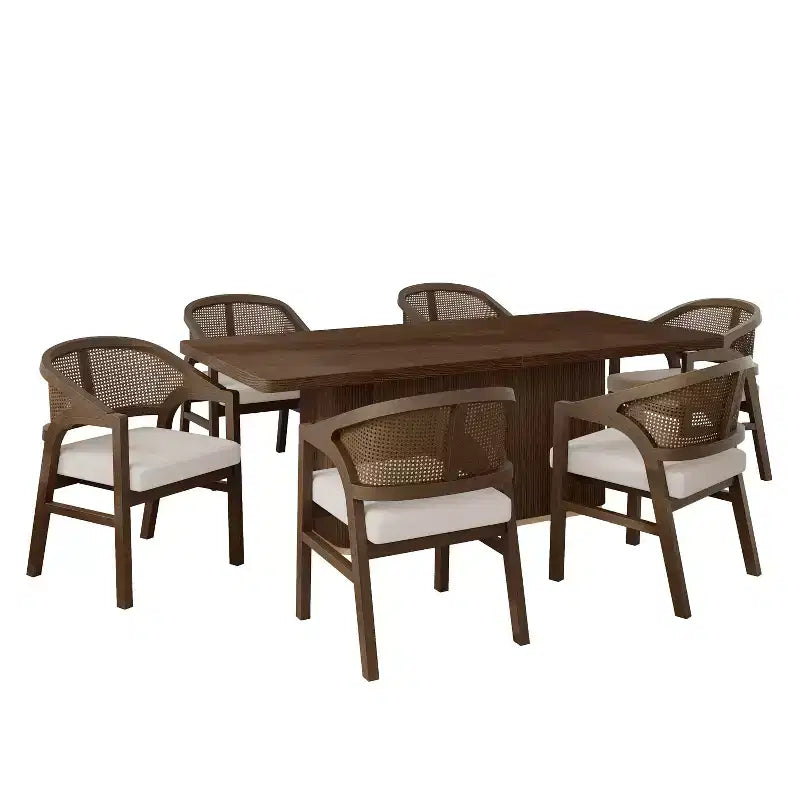 Christopher Knight Home Grace Contemporary 7 Piece Rubberwood Rattan Upholstered Dining Set with Oversized Rectangular Table