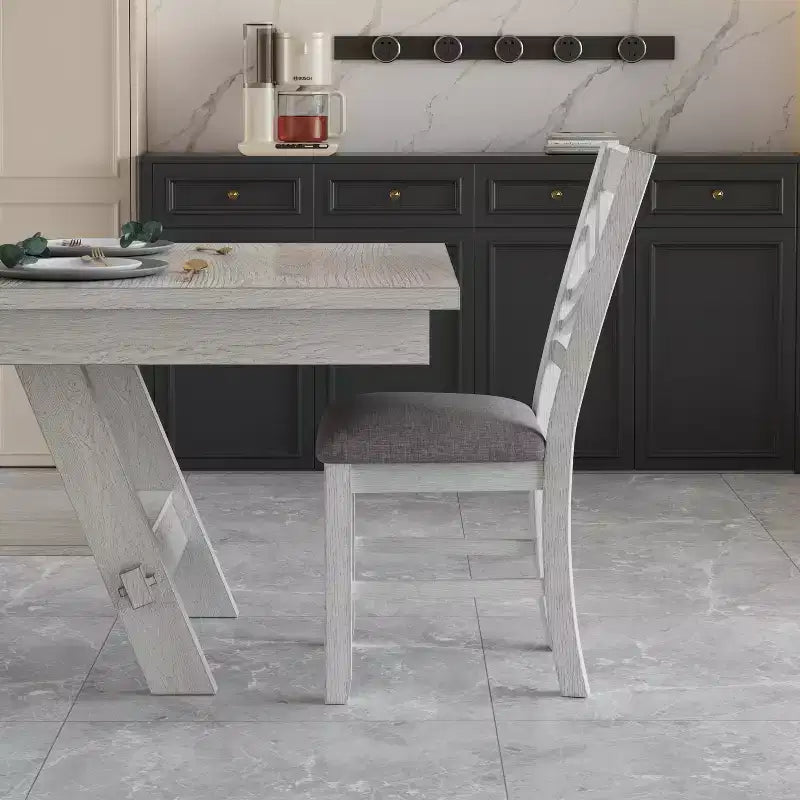 VECELO Rustic 5-Piece Extendable Dining Table Set, Rubber Wood Table with 4 Armless Upholstered Dining Chairs for Kitchen, Gray