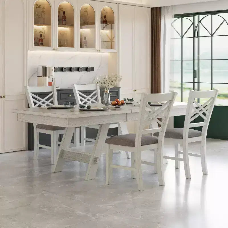 VECELO Rustic 5-Piece Extendable Dining Table Set, Rubber Wood Table with 4 Armless Upholstered Dining Chairs for Kitchen, Gray