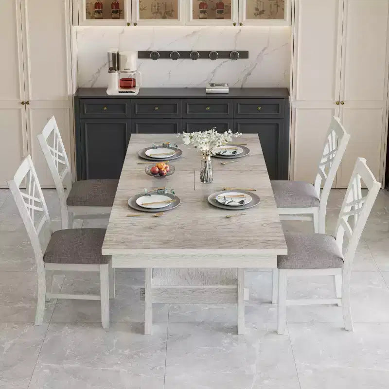 VECELO Rustic 5-Piece Extendable Dining Table Set, Rubber Wood Table with 4 Armless Upholstered Dining Chairs for Kitchen, Gray