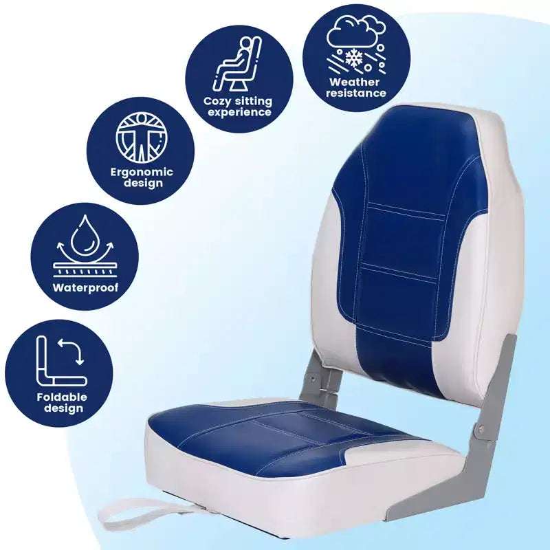 2 Pack Folding Boat Seats, High Back Fishing Boat Seat, Comfortable Boat Chairs with Thick Sponge Padding and Hinge for Sightseeing Boat, Speedboat