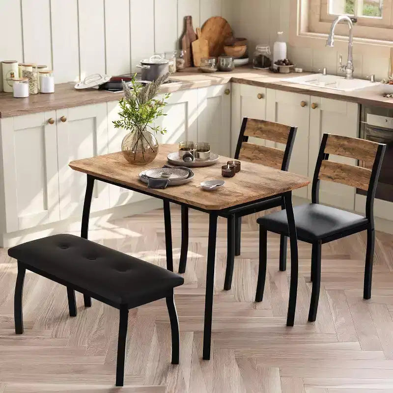 Coolmee Dining Table Set for 4, Kitchen Table with Upholstered Bench and 2 Chairs, 4 Piece Dining Furniture Set for Small Space, Apartment