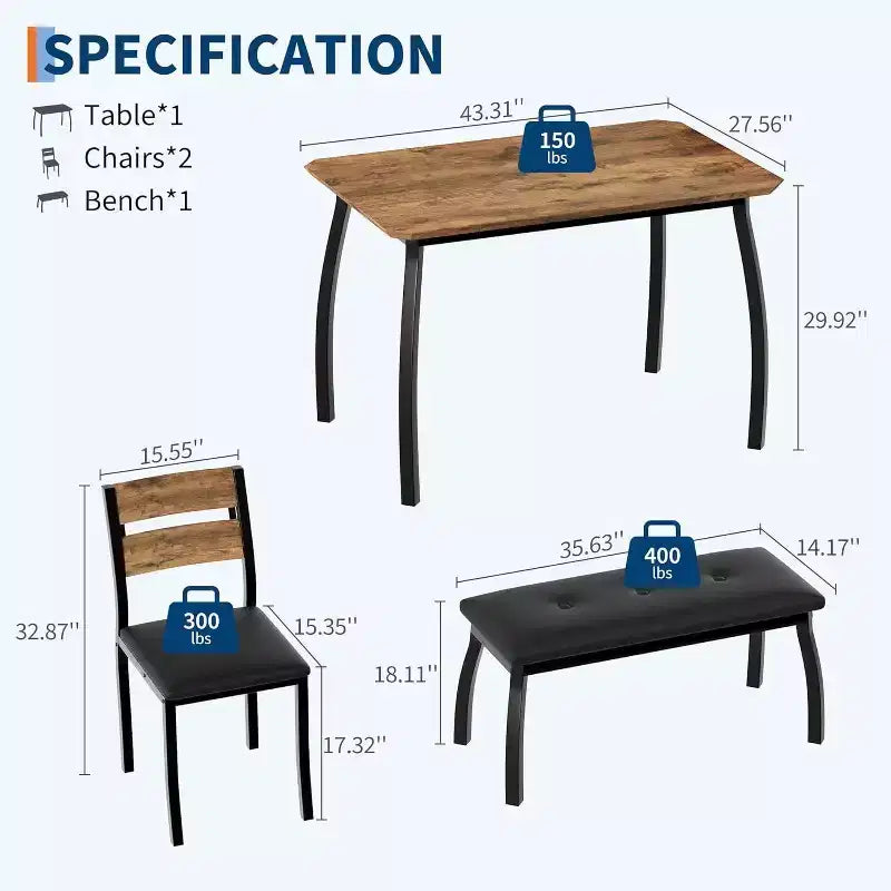 Coolmee Dining Table Set for 4, Kitchen Table with Upholstered Bench and 2 Chairs, 4 Piece Dining Furniture Set for Small Space, Apartment