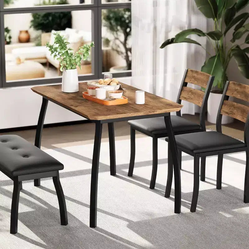 Coolmee Dining Table Set for 4, Kitchen Table with Upholstered Bench and 2 Chairs, 4 Piece Dining Furniture Set for Small Space, Apartment