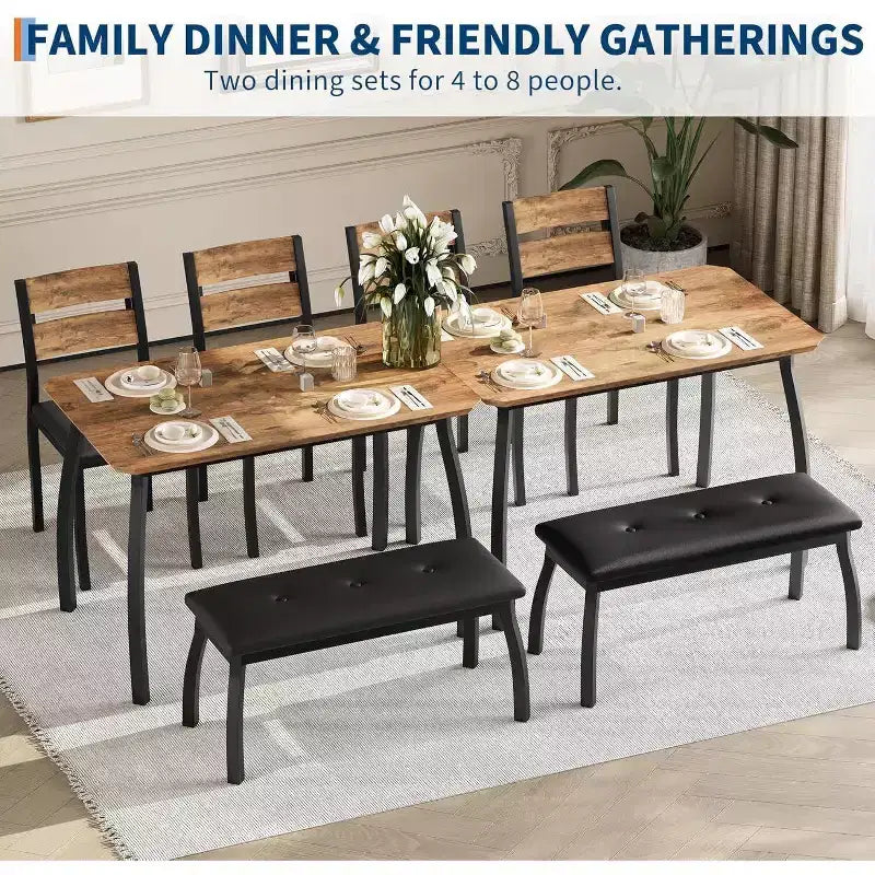 Coolmee Dining Table Set for 4, Kitchen Table with Upholstered Bench and 2 Chairs, 4 Piece Dining Furniture Set for Small Space, Apartment