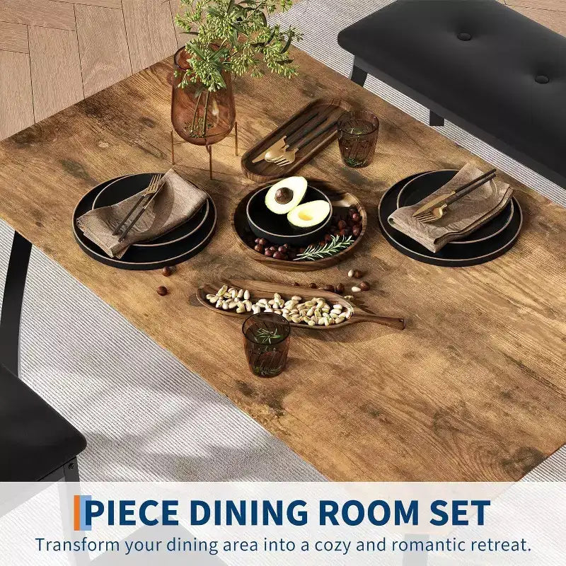 Coolmee Dining Table Set for 4, Kitchen Table with Upholstered Bench and 2 Chairs, 4 Piece Dining Furniture Set for Small Space, Apartment