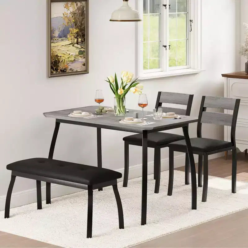 Coolmee Dining Table Set for 4, Kitchen Table with Upholstered Bench and 2 Chairs, 4 Piece Dining Furniture Set for Small Space, Apartment