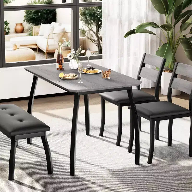 Coolmee Dining Table Set for 4, Kitchen Table with Upholstered Bench and 2 Chairs, 4 Piece Dining Furniture Set for Small Space, Apartment