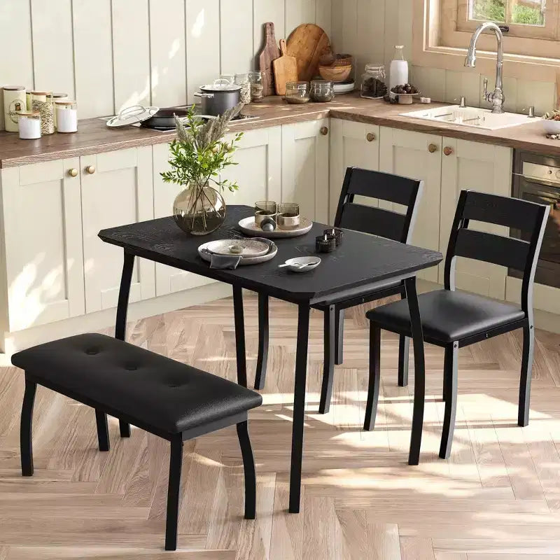 Coolmee Dining Table Set for 4, Kitchen Table with Upholstered Bench and 2 Chairs, 4 Piece Dining Furniture Set for Small Space, Apartment