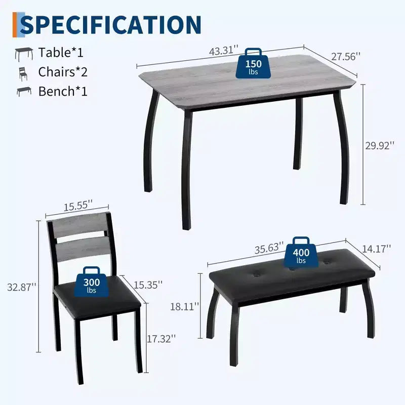 Coolmee Dining Table Set for 4, Kitchen Table with Upholstered Bench and 2 Chairs, 4 Piece Dining Furniture Set for Small Space, Apartment