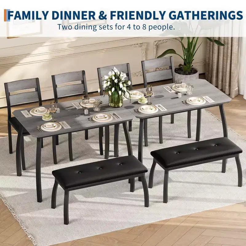 Coolmee Dining Table Set for 4, Kitchen Table with Upholstered Bench and 2 Chairs, 4 Piece Dining Furniture Set for Small Space, Apartment