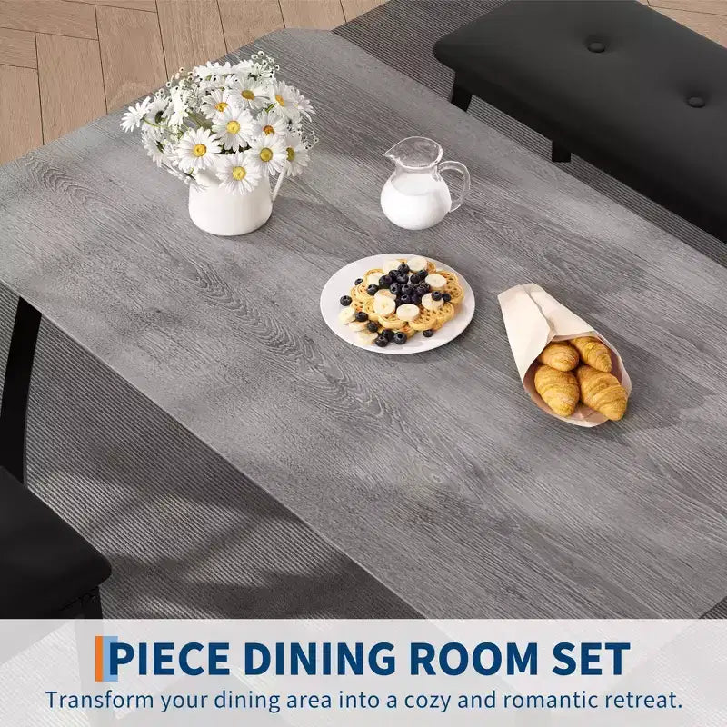 Coolmee Dining Table Set for 4, Kitchen Table with Upholstered Bench and 2 Chairs, 4 Piece Dining Furniture Set for Small Space, Apartment