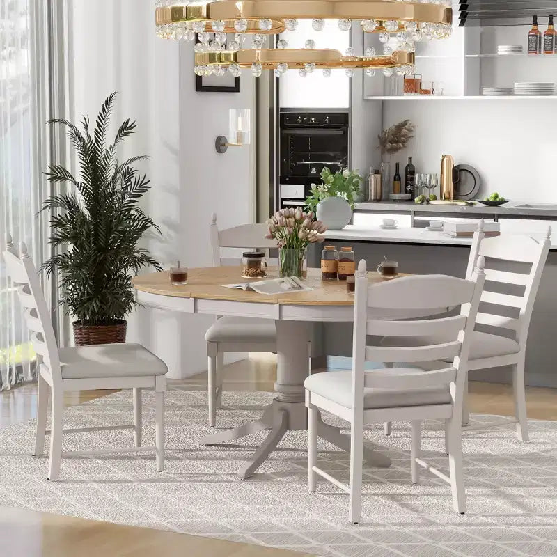 Extendable Round Kitchen Dining Table Set for 4, Farmhouse Dining Set and 4 Upholstered Chairs
