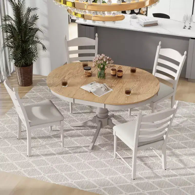 Extendable Round Kitchen Dining Table Set for 4, Farmhouse Dining Set and 4 Upholstered Chairs