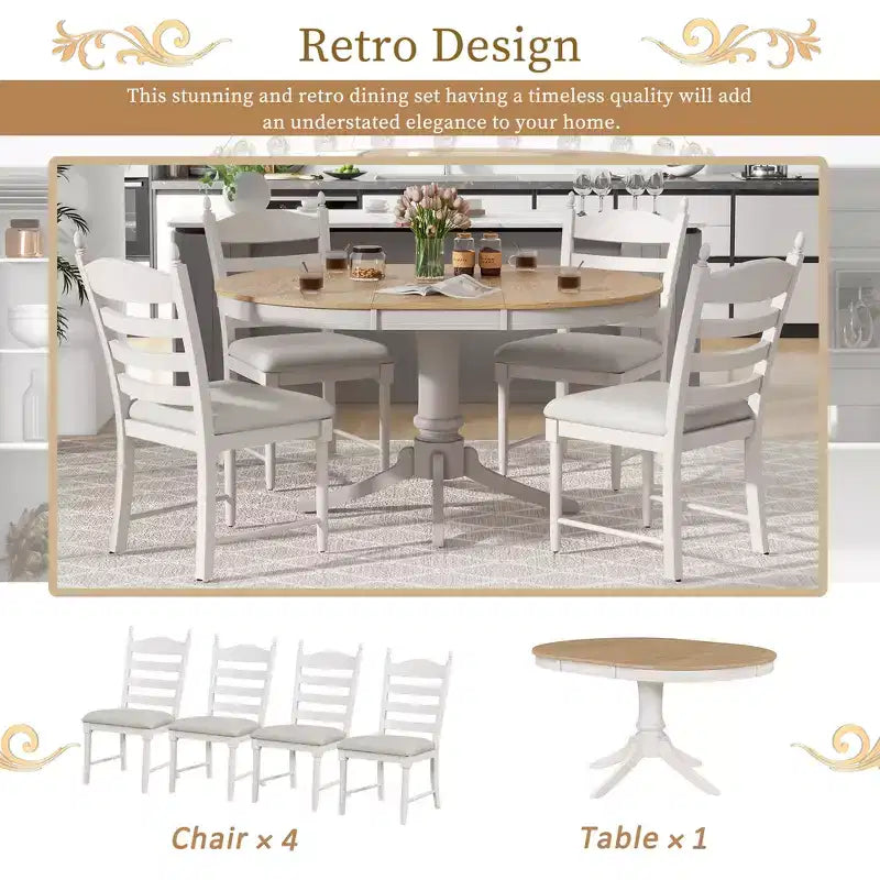 Extendable Round Kitchen Dining Table Set for 4, Farmhouse Dining Set and 4 Upholstered Chairs