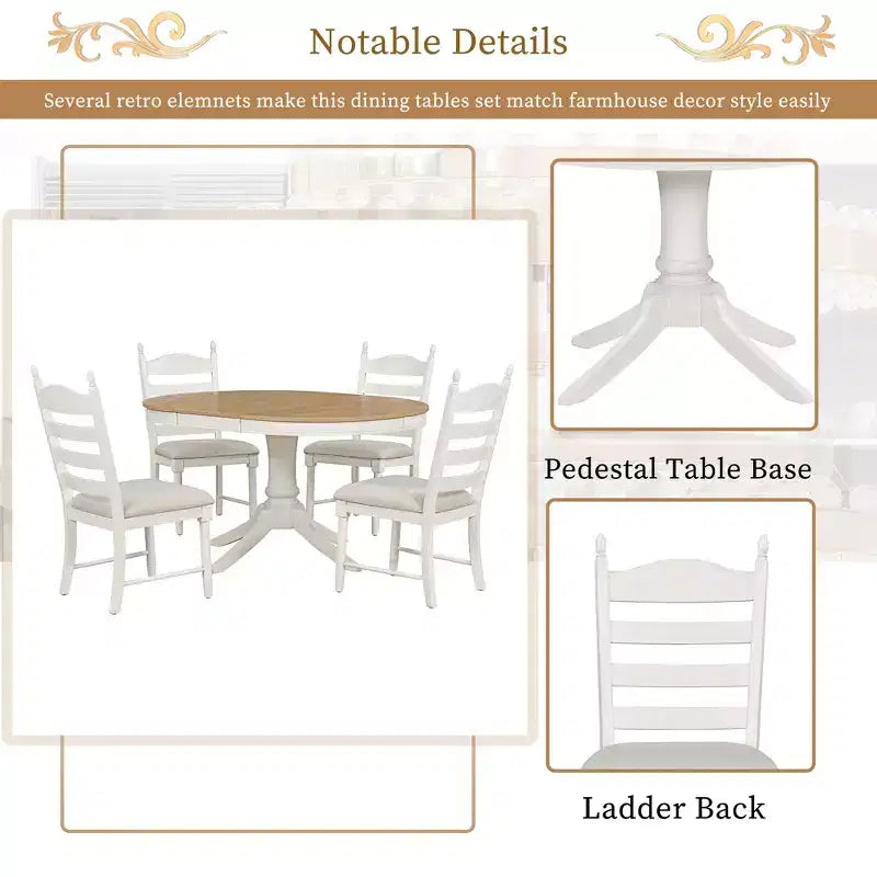 Extendable Round Kitchen Dining Table Set for 4, Farmhouse Dining Set and 4 Upholstered Chairs