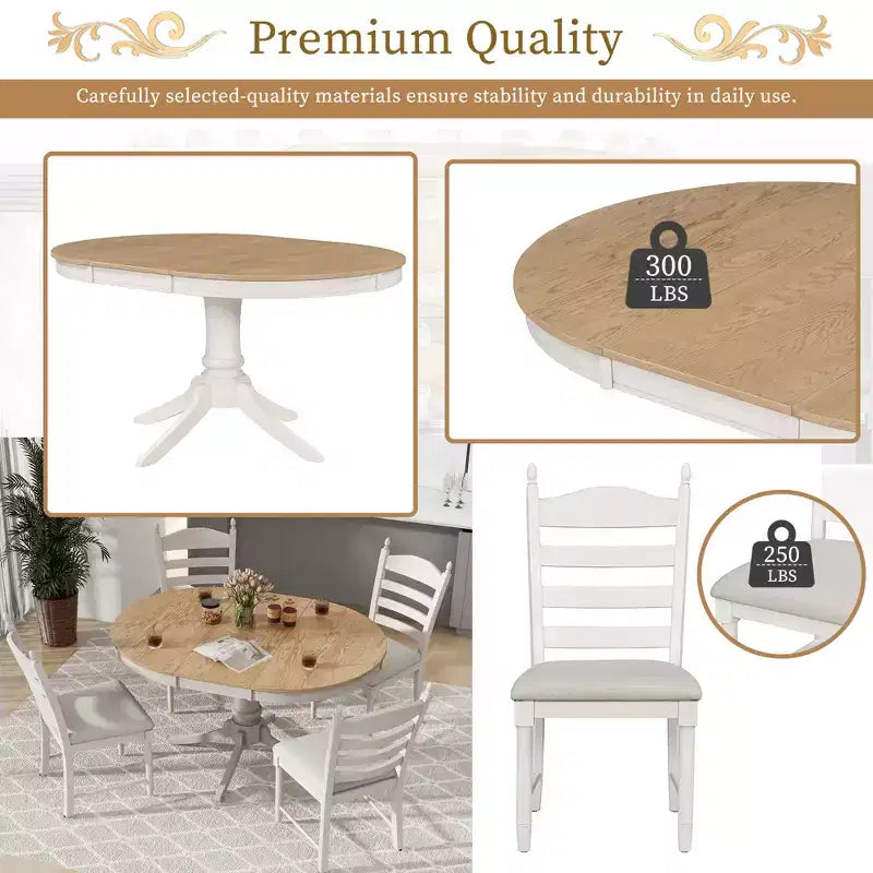Extendable Round Kitchen Dining Table Set for 4, Farmhouse Dining Set and 4 Upholstered Chairs