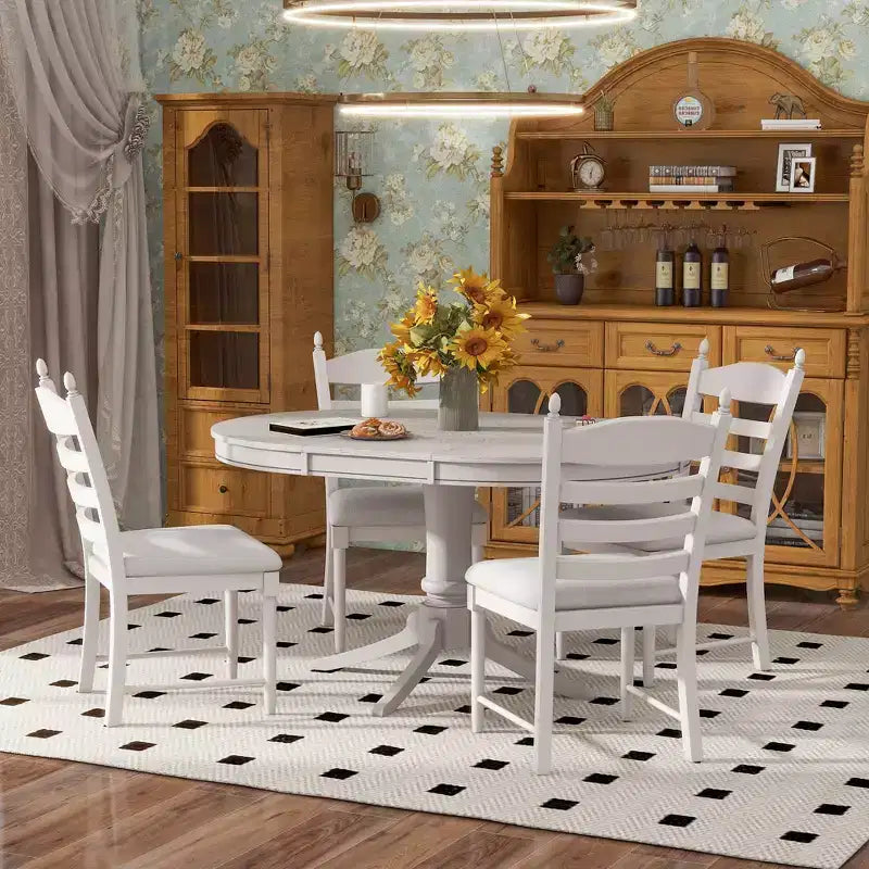 Extendable Round Kitchen Dining Table Set for 4, Farmhouse Dining Set and 4 Upholstered Chairs