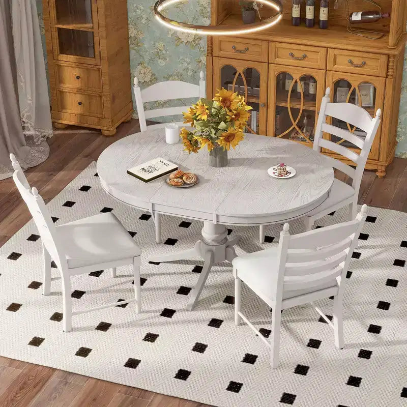 Extendable Round Kitchen Dining Table Set for 4, Farmhouse Dining Set and 4 Upholstered Chairs