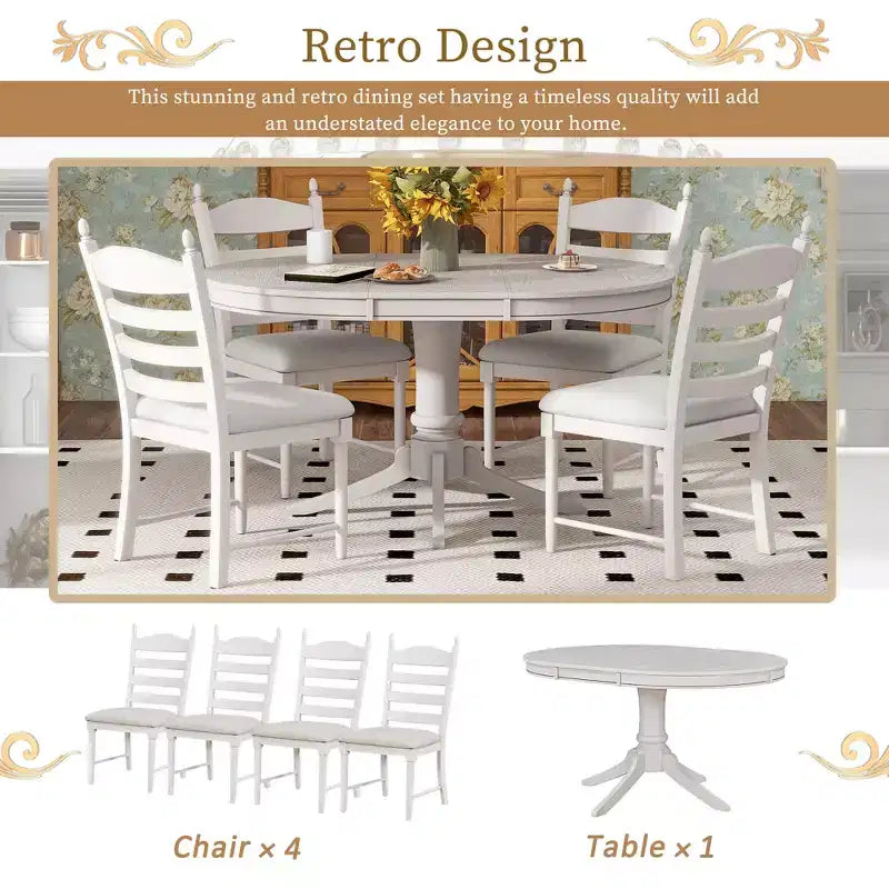 Extendable Round Kitchen Dining Table Set for 4, Farmhouse Dining Set and 4 Upholstered Chairs