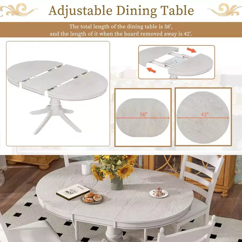 Extendable Round Kitchen Dining Table Set for 4, Farmhouse Dining Set and 4 Upholstered Chairs