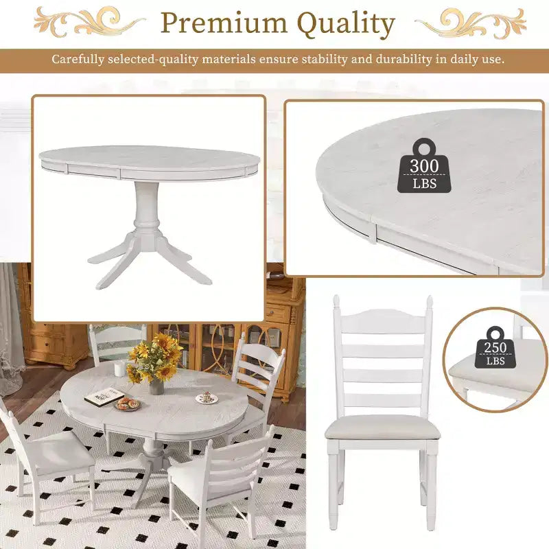 Extendable Round Kitchen Dining Table Set for 4, Farmhouse Dining Set and 4 Upholstered Chairs